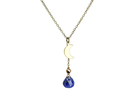Edgy Petal - Necklace - Vertical Moon Charm (Lapis and Charcoal Crystal) #LP-4