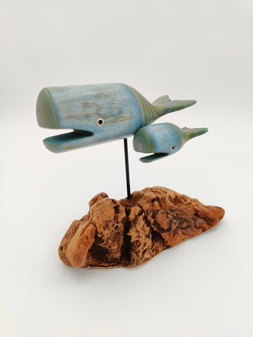 Rarebirds - Wooden Sculpture - 6"x 7" Whale & Whale Calf