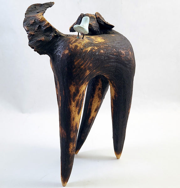 Cathy Broski - Ceramic Sculpture - Dog at Play with White Bird on Back