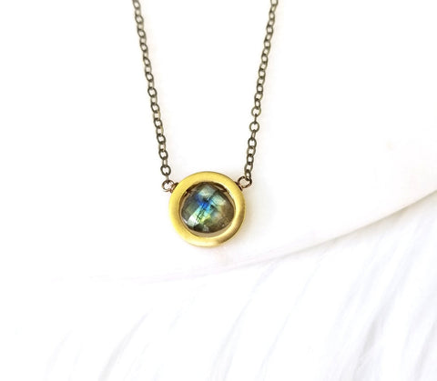 Edgy Petal - Necklace - Thick Circle (Labradorite and Brushed Brass) #L-89