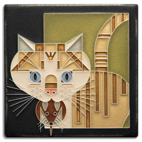 Motawi Tileworks - 6" x 6" Tile - 'Barn Kitty' (Green) #6675