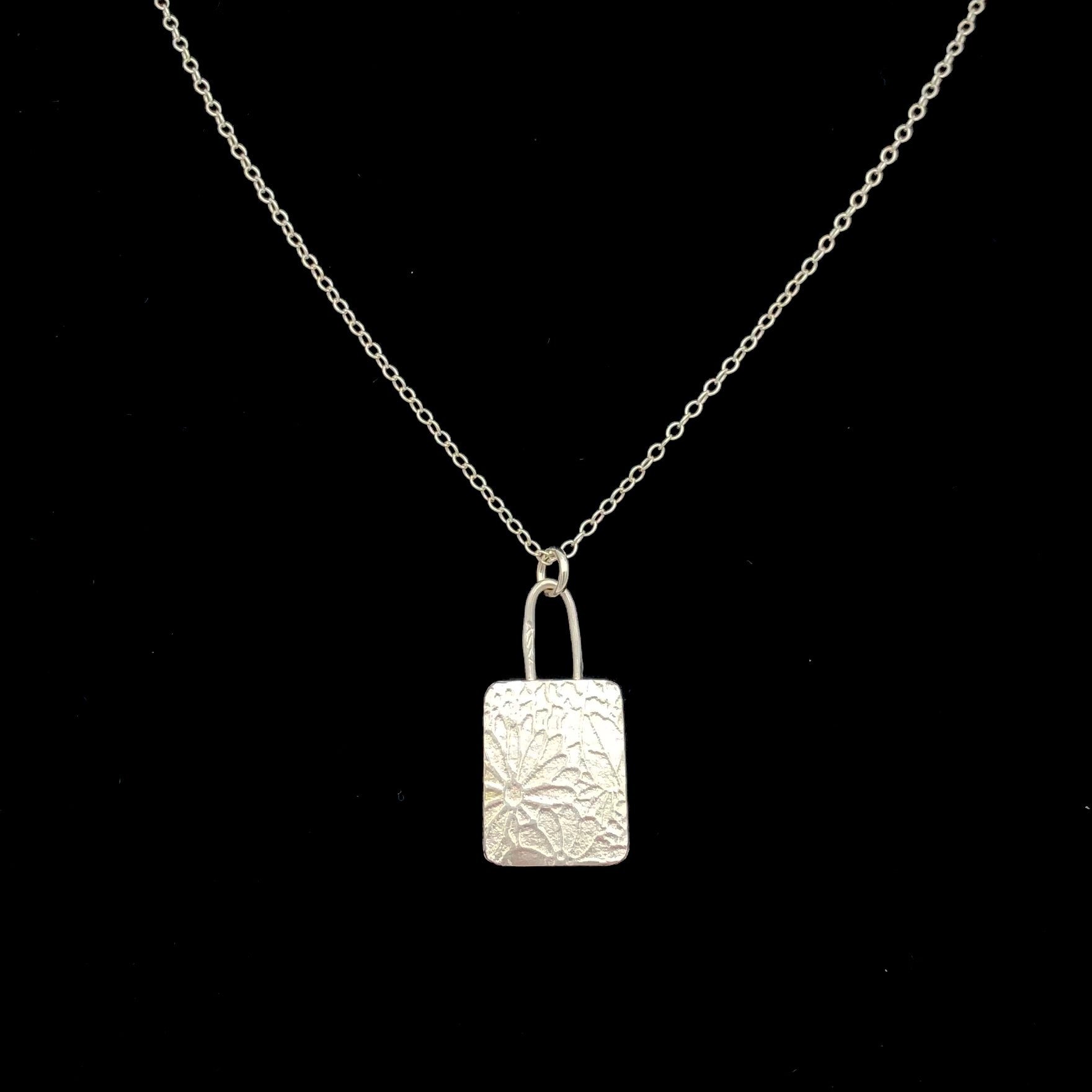 Dragonfly and Damsel Jewelry - 18" Necklace - Flower Stamped Rectangle Pendant (Sterling Silver)