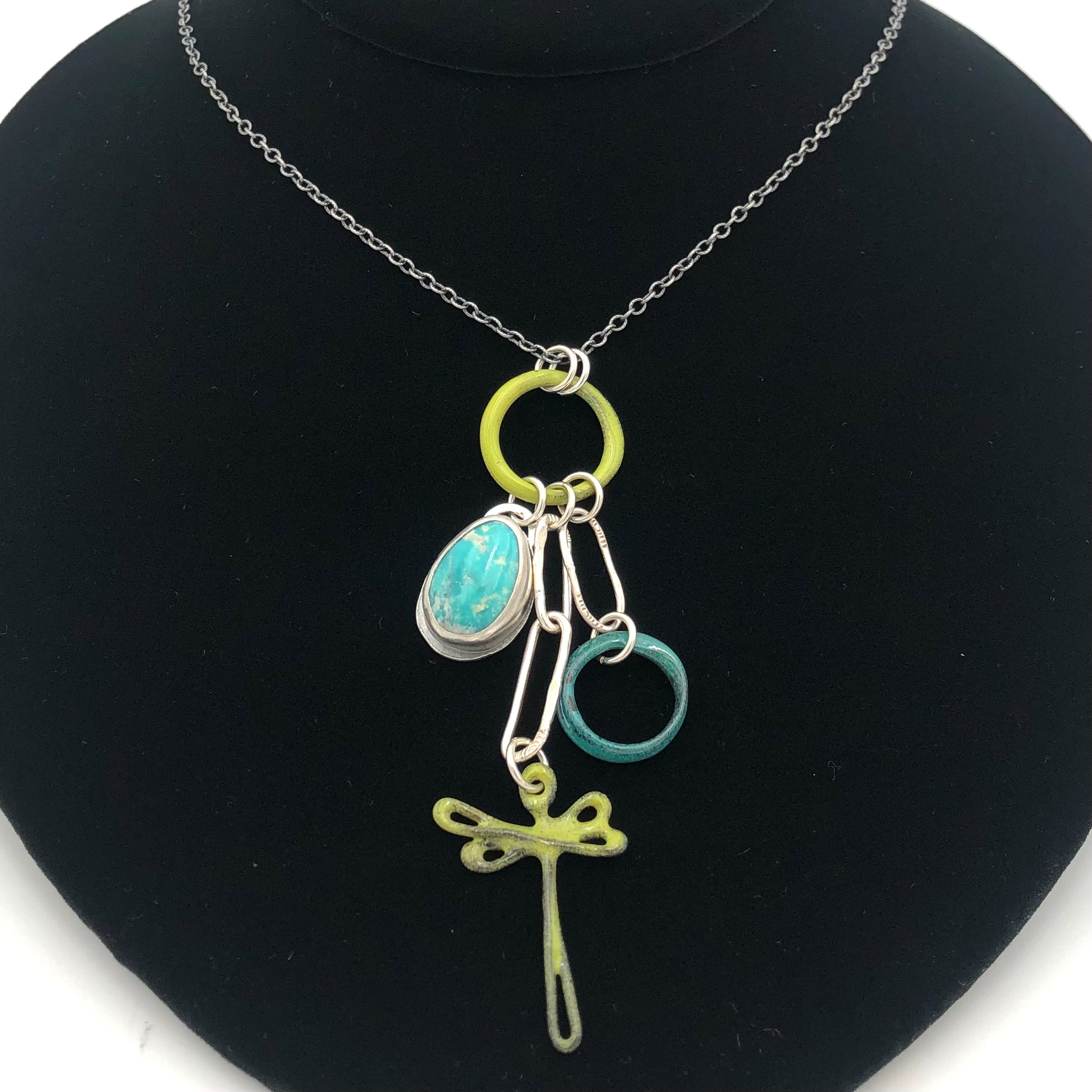 Dragonfly and Damsel Jewelry - 24" Necklace - Cluster Pendants on Enamel Ring (Sonoran Whitewater Turquoise, Enamel, Fine Silver, Sterling Silver)