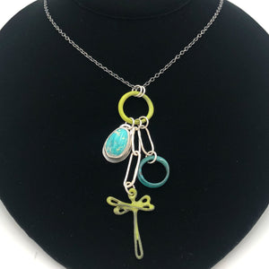 Dragonfly and Damsel Jewelry - 24" Necklace - Cluster Pendants on Enamel Ring (Sonoran Whitewater Turquoise, Enamel, Fine Silver, Sterling Silver)