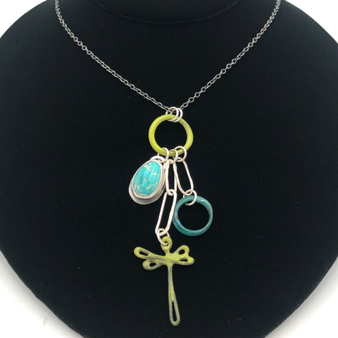 Dragonfly and Damsel Jewelry - 24" Necklace - Cluster Pendants on Enamel Ring (Sonoran Whitewater Turquoise, Enamel, Fine Silver, Sterling Silver)