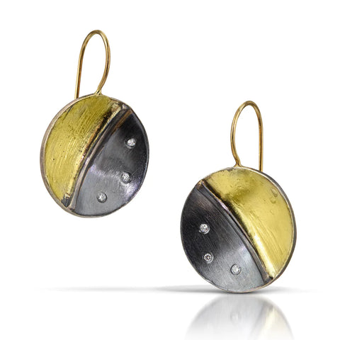 Jacob Keleher Jewelry - Earrings - Oxidized Silver Concave Disks (Inset Diamonds)