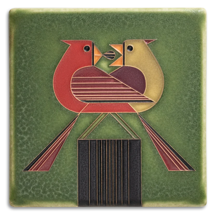 Motawi Tileworks - 6"x 6" Tile - 'Redbird Romance' (Green) #66004