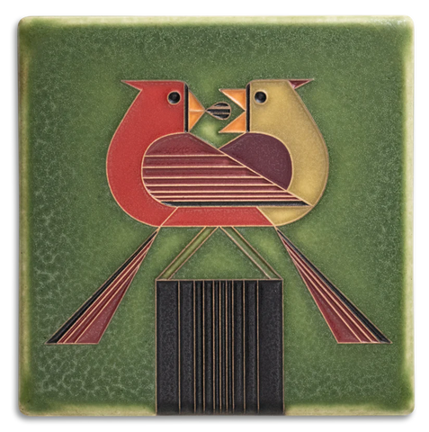 Motawi Tileworks - 6"x 6" Tile - 'Redbird Romance' (Green) #66004