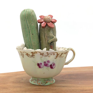 Kelly Aaron - Ceramic Sculpture - Cacti in Vintage Dishware - Large