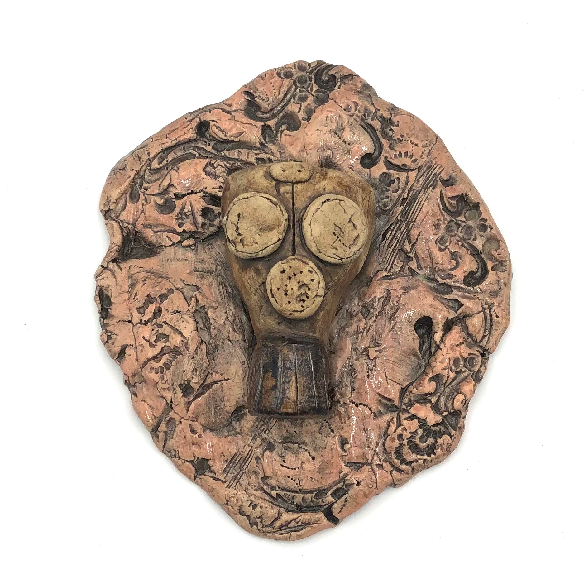 Kelly Aaron - Ceramic Wall Hanging - Gas Mask on Pink Background