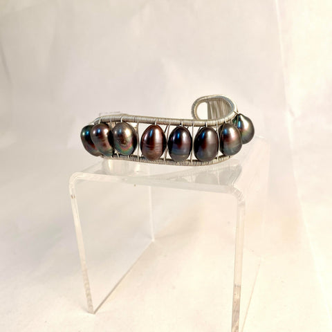 Acton - Cuff - Wave - Sterling Silver Wire with Grey Oval Pearls