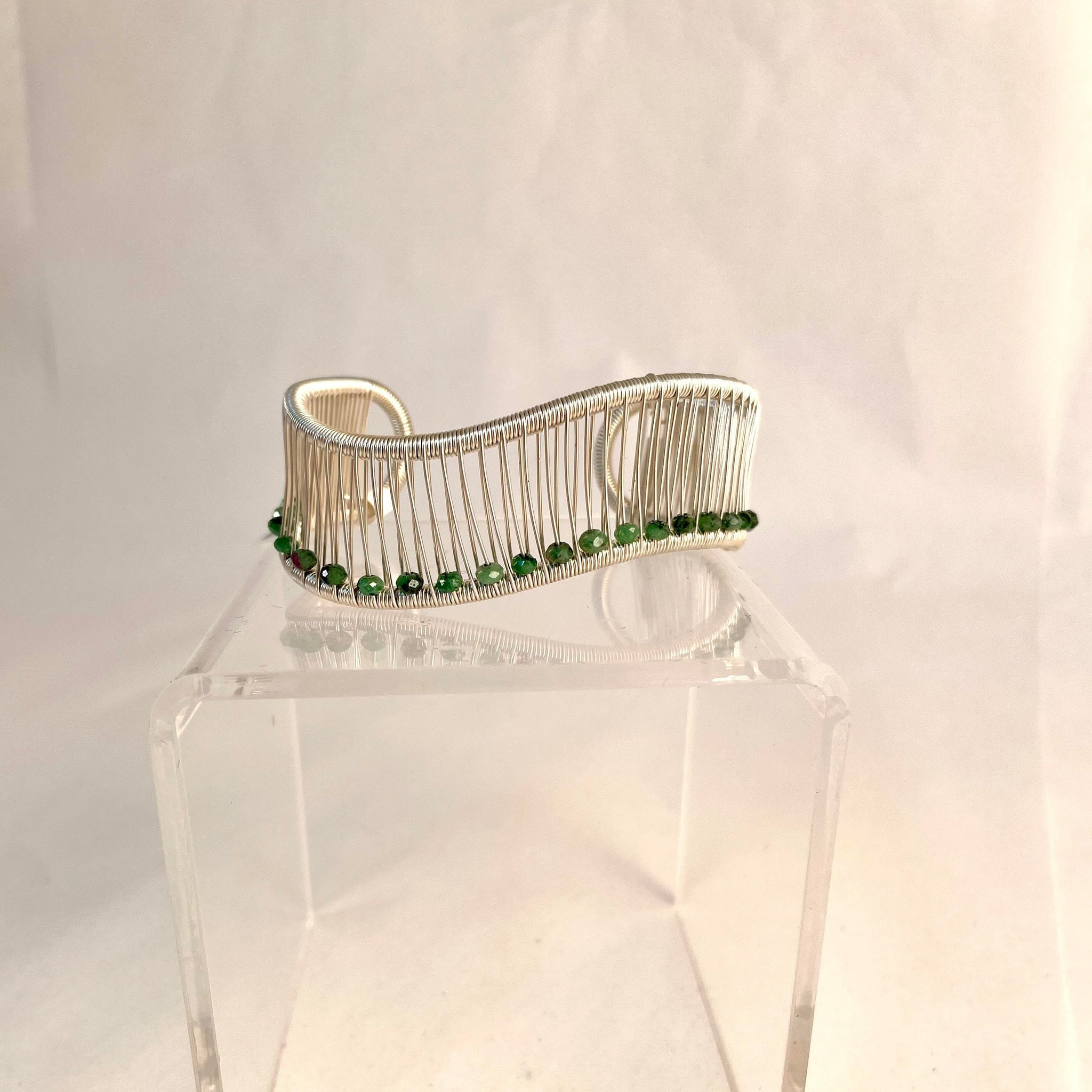 Acton - Cuff - Wave - Sterling Silver Wire with Green Faceted Beads