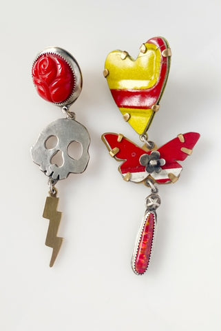 Amuck Design - Earrings - Oddball Studs (License Plate, Brass, Synthetic Opal, Vintage Beads, Butterfly, Skull)