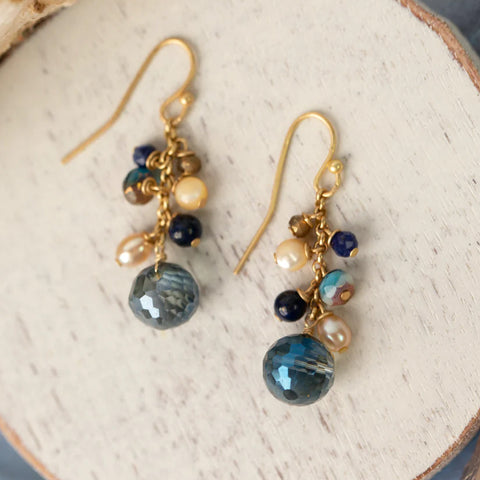 Vaughan - 'Starry Night' Collection - Earrings - Dangle (Mother of Pearl, Blue Crystal) #Stry014-3E