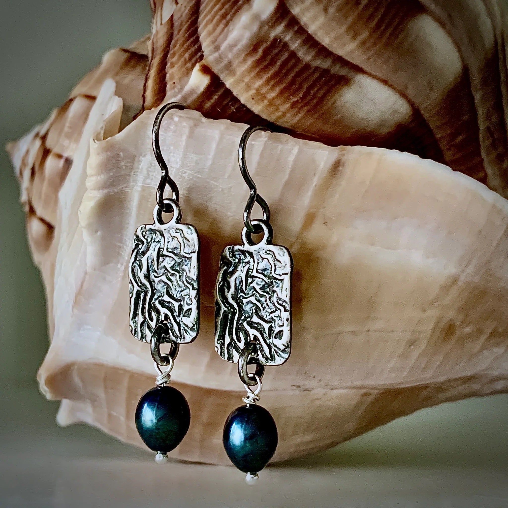 Nichole Collins - Earrings - Rectangle Reticulated w/ Blue Pearl #P827