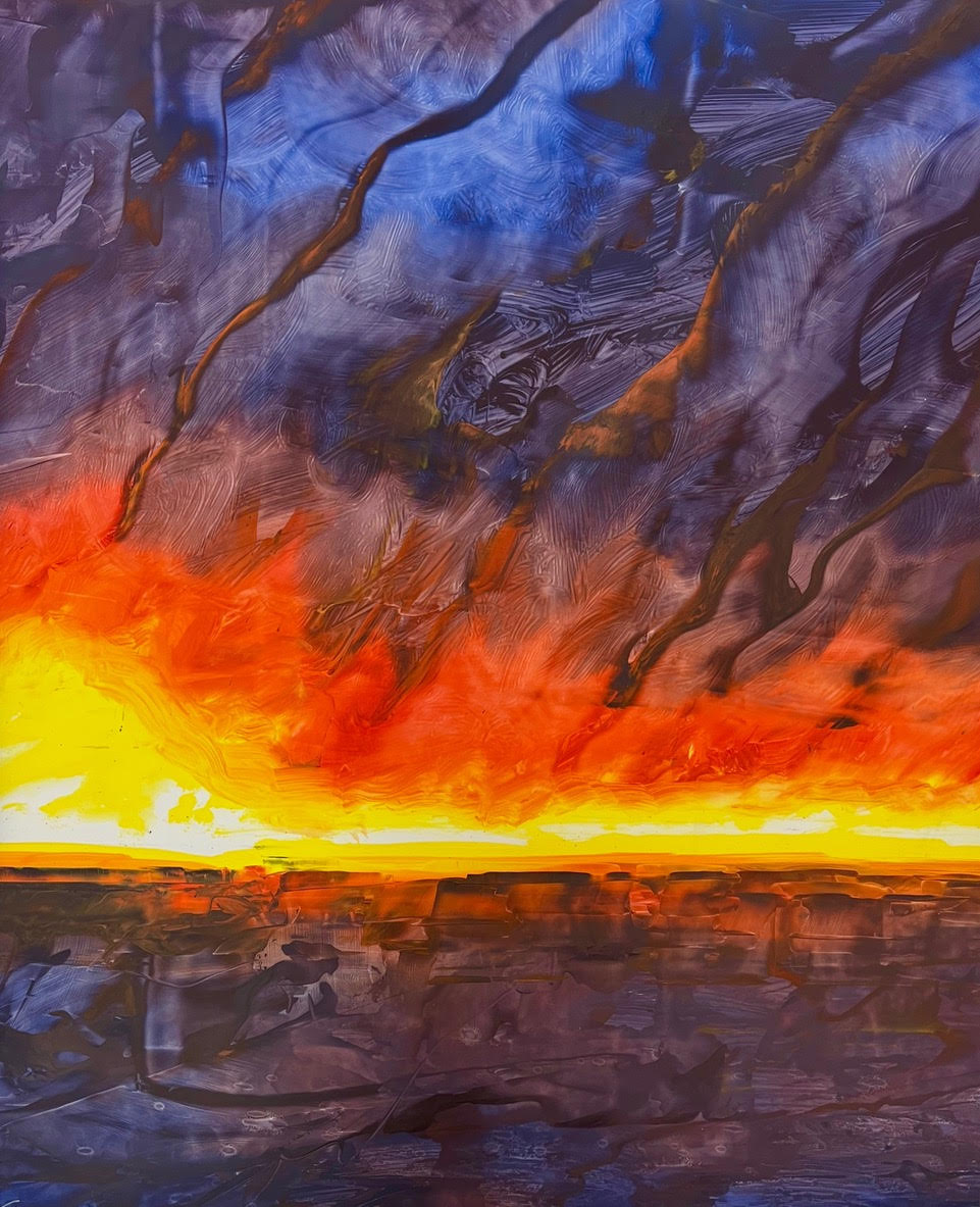 Copt - 20"x 16" Framed Painting - Oil on Mylar - 'Flames at Night'