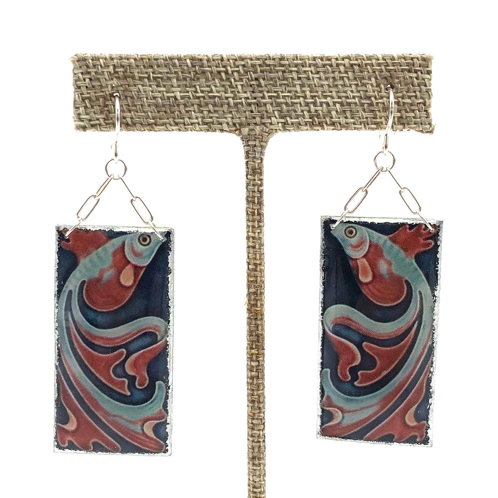 Folkloric Jewelry - Earrings - Chain Dangles (Villeroy & Boch 'Red/Blue Fish')
