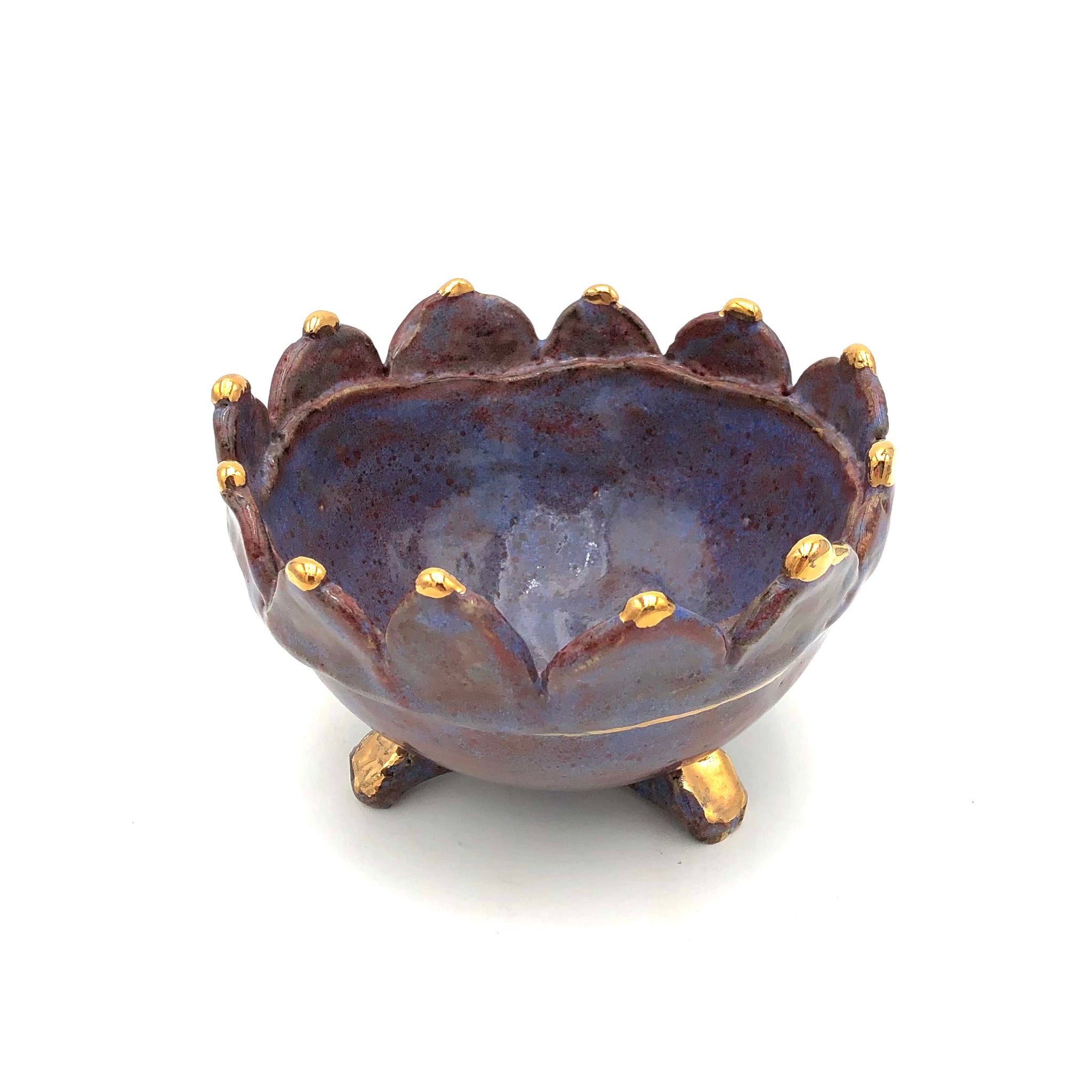 Deborah Gendel - Stoneware Ceramic Bowl - Black & Pink (Half-Moon Scalloped Rim, Gold Dots)