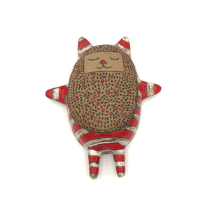 Deborah Gendel - Stoneware Ceramic Wall Hanging - Wall Cat (Red/White 'Love' Stripe)