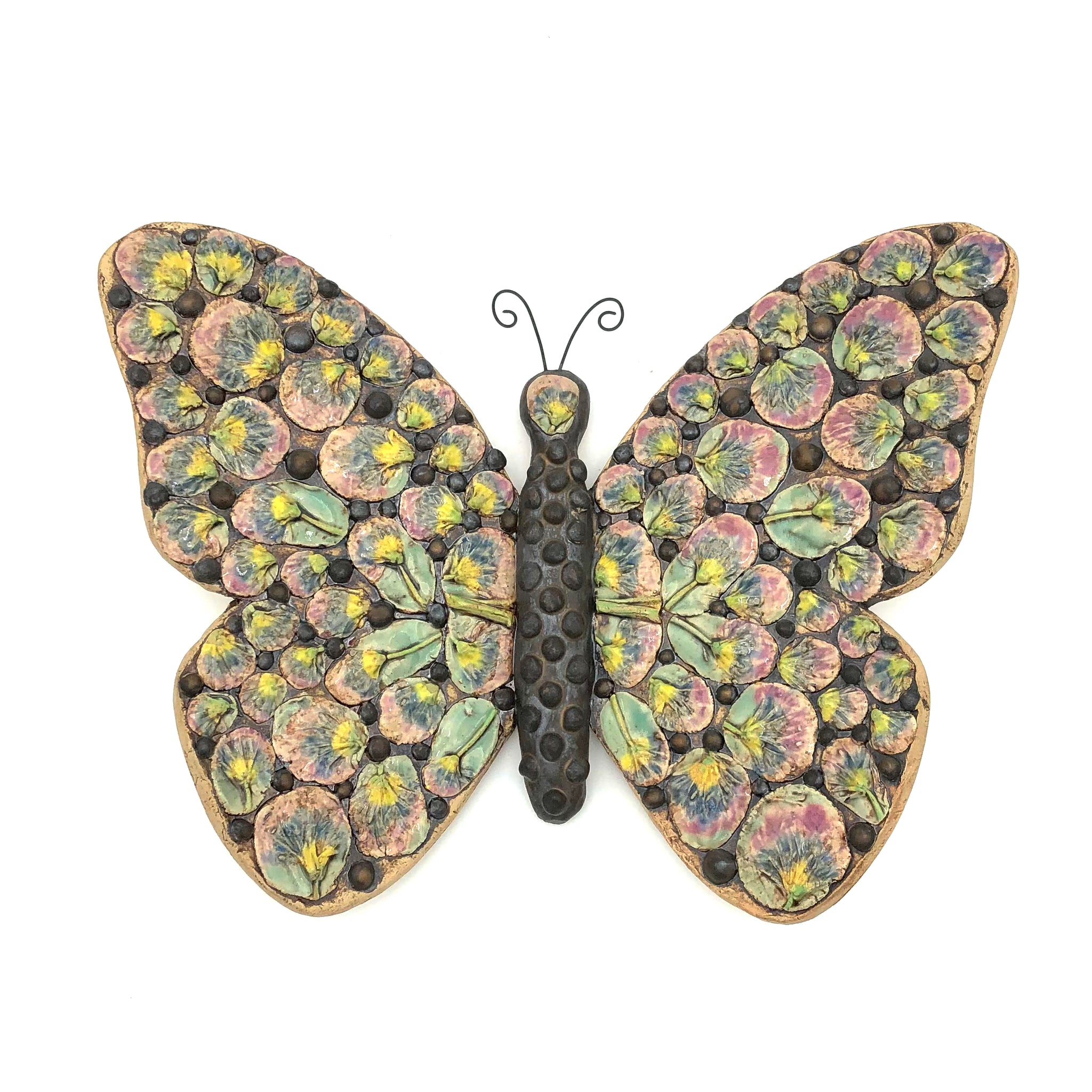 Deborah Gendel - Stoneware Ceramic Wall Art - Large Flower Butterfly (Pink/Blue)