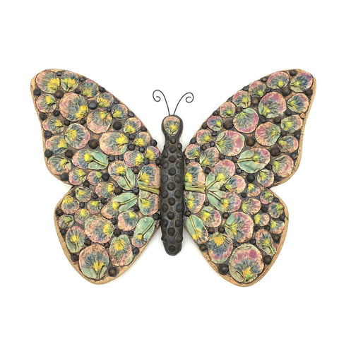 Deborah Gendel - Stoneware Ceramic Wall Art - Large Flower Butterfly (Pink/Blue)