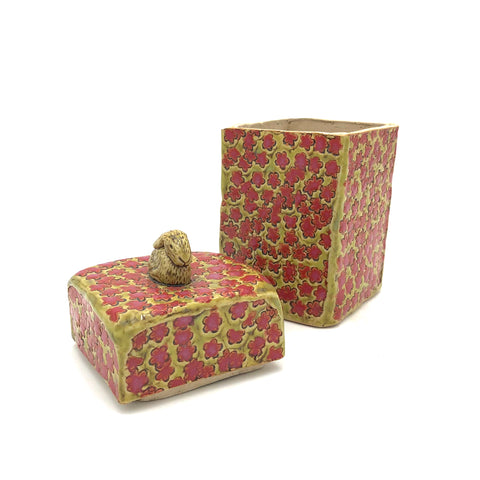Deborah Gendel - Stoneware Ceramic Box Vase - Rabbit (Pink Flowers)