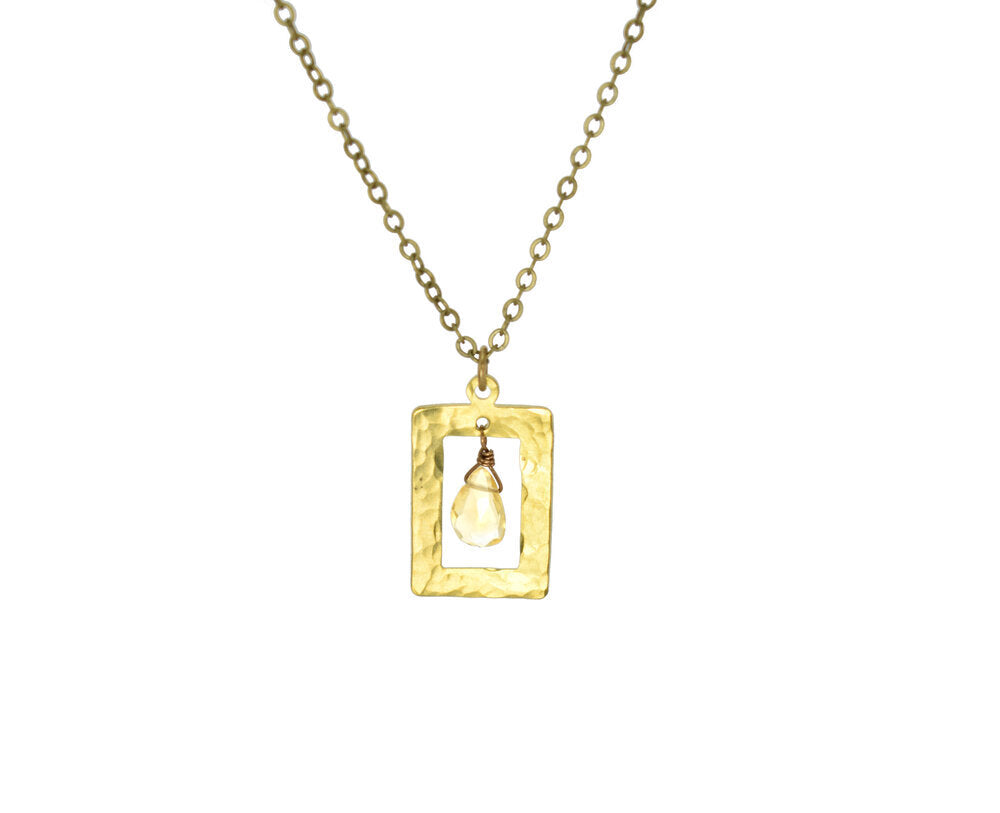 Edgy Petal - Necklace - Hammered Rectangle Frame (Citrine) #CI-20