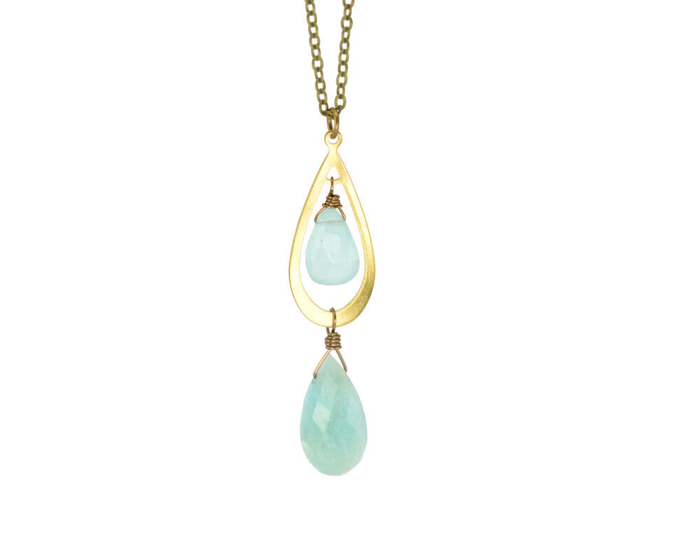 Edgy Petal - Necklace - Amazonite and Seafoam Green Chalcedony Brass Teardrop on Long Chain