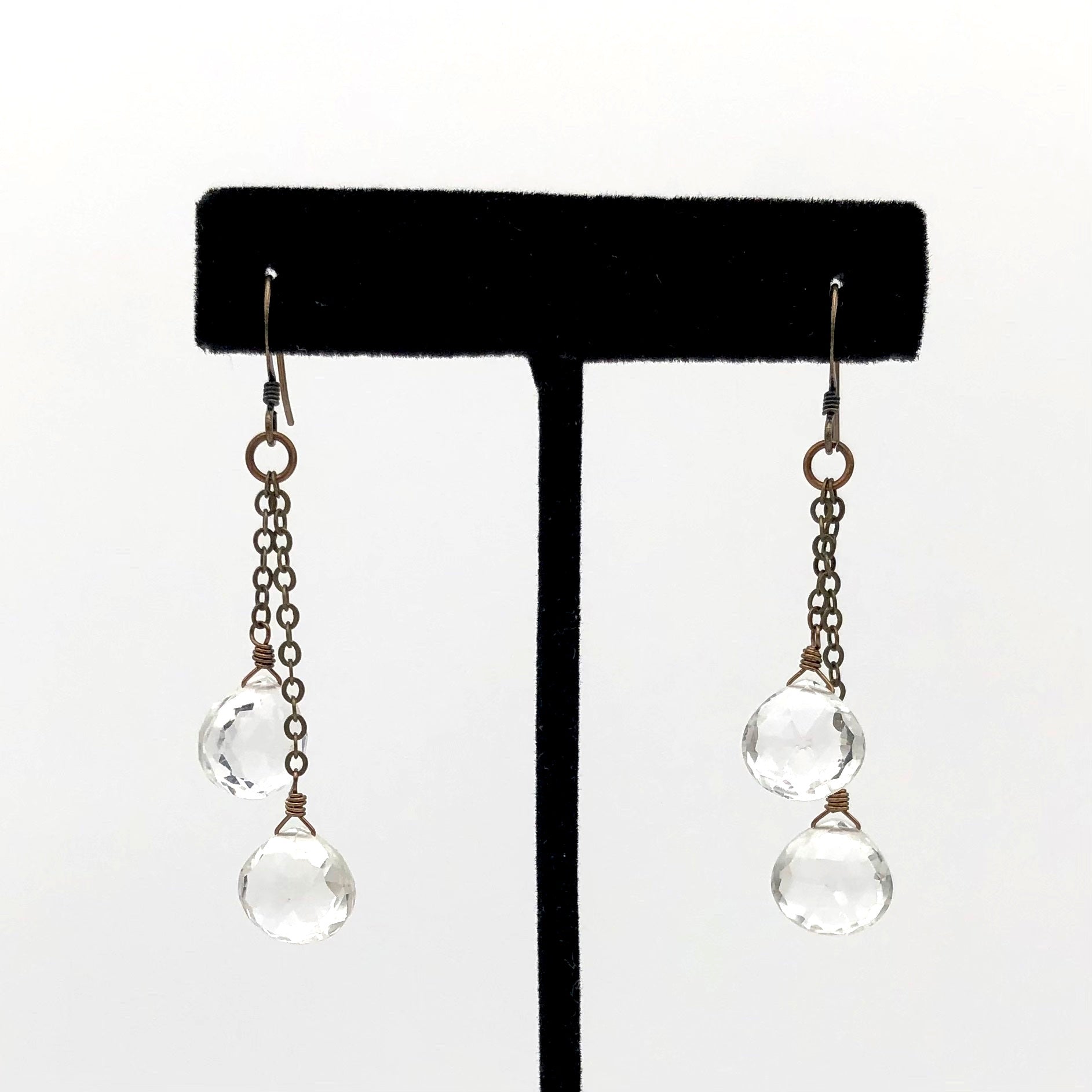 Edgy Petal - Earrings - Clear Quartz Double Chain Teardrop #Q-13