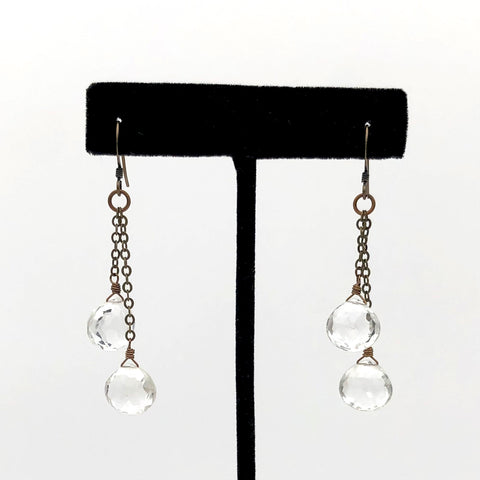 Edgy Petal - Earrings - Clear Quartz Double Chain Teardrop #Q-13