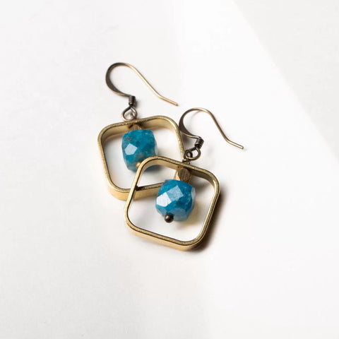 Edgy Petal - Earrings - Raw Brass Square (Apatite Cube) #AP-24