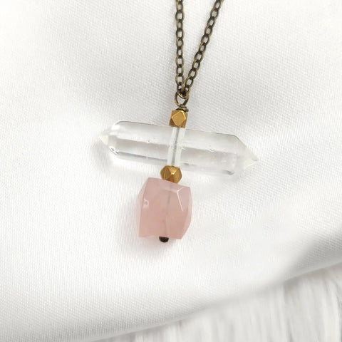 Edgy Petal - Necklace - Rose Quartz and Double Point Clear Quartz #ROSE-20