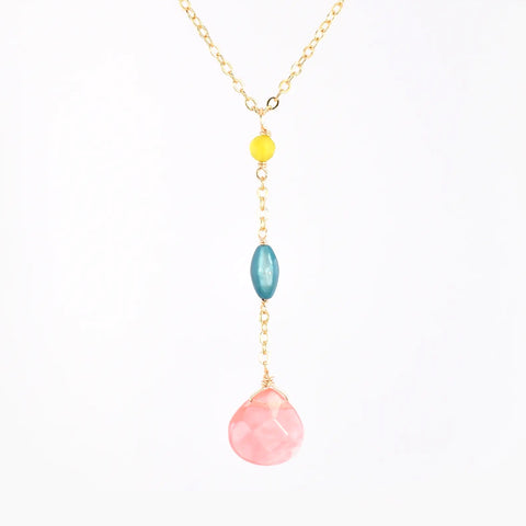 Edgy Petal - Necklace - 'Avalyn' Y-Necklace (Peach Crystal, Lemon Jade, Teal Mother-of-Pearl) #CB-5