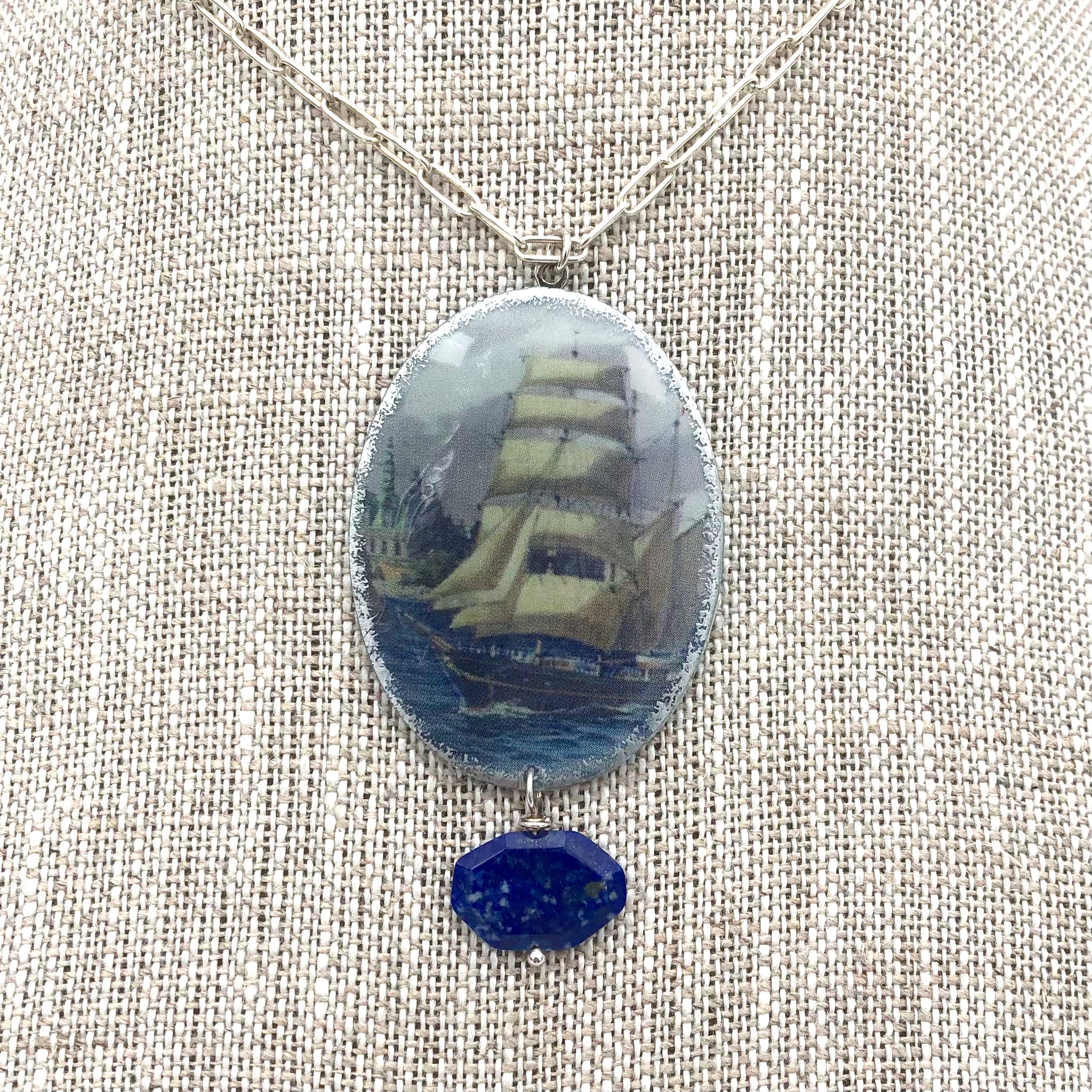 Folkloric Jewelry - Necklace - Cameo Pendant (19th Century Clipper/Lapis Lazuli)