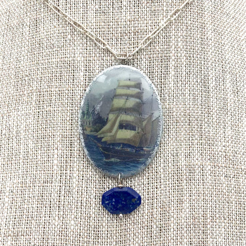 Folkloric Jewelry - Necklace - Cameo Pendant (19th Century Clipper/Lapis Lazuli)