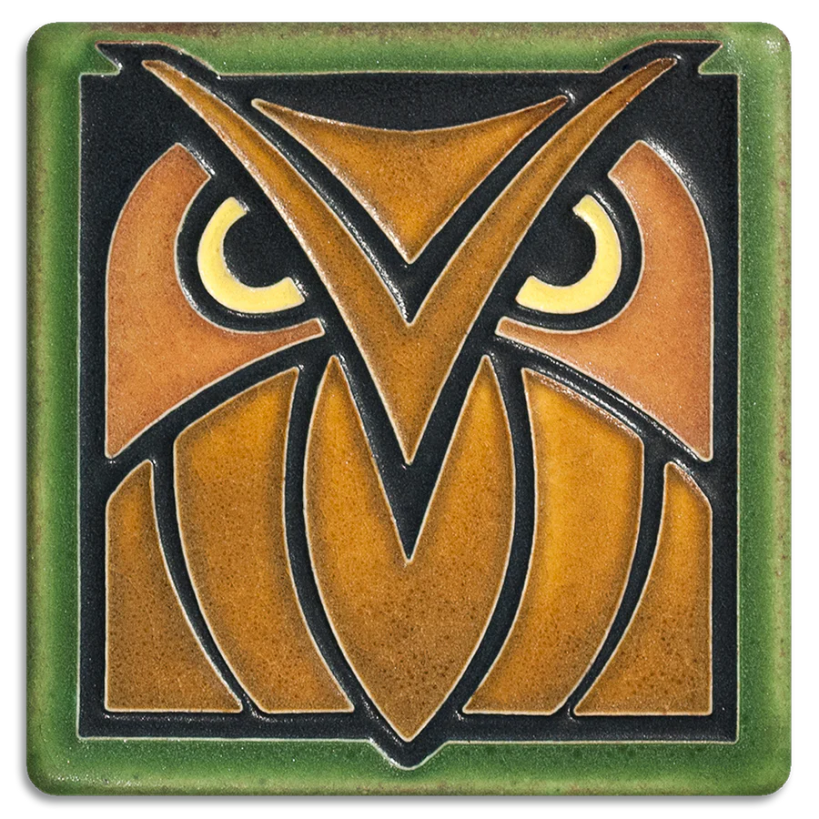 Motawi Tileworks - 4"x 4" Tile - 'Owl' (Poly Green Oak) #4433