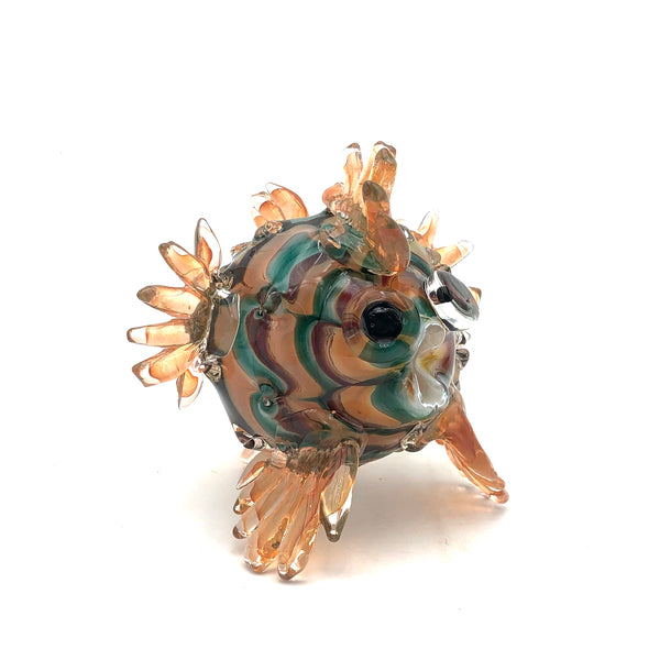 Hudson Glass - Solid Glass Sculpture - Large Puffer Fish (Chocolate Brown/Pale Blue/Gold) #256-CH/G1/GD