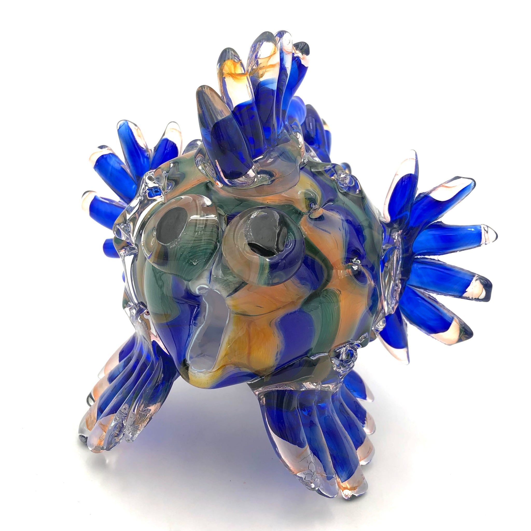 Hudson Glass - Solid Glass Sculpture - Medium Puffer Fish (Cobalt Blue/Pale Green/Gold) #257-CB/G1/GD