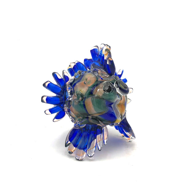 Hudson Glass - Solid Glass Sculpture - Medium Puffer Fish (Cobalt Blue/Pale Green/Gold) #257-CB/G1/GD