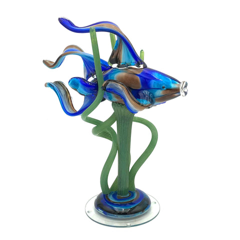Hudson Glass - Solid Glass Sculpture - Fish in Seaweed Pedestal (Aqua/Cobalt Blue/Brown) #452-AQ/CB/BR