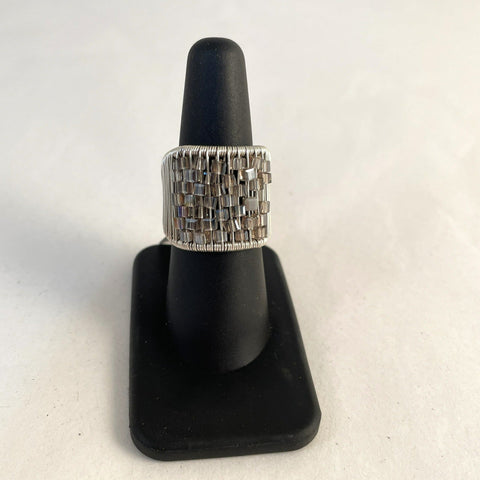 Acton - Ring - Braided Silver Wire with Shimmery Glass Cube Beads