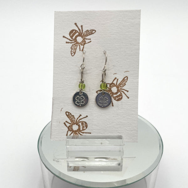 Duris - Earrings - Stamped Round  Silver Charms -  Four Leaf Clover Stamp - Green Beads