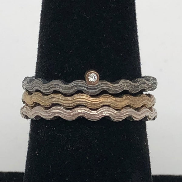 Jacob Keleher Jewelry - Ring - Oxidized Silver & Gold Wave Stacker (Tube-Set Diamond)
