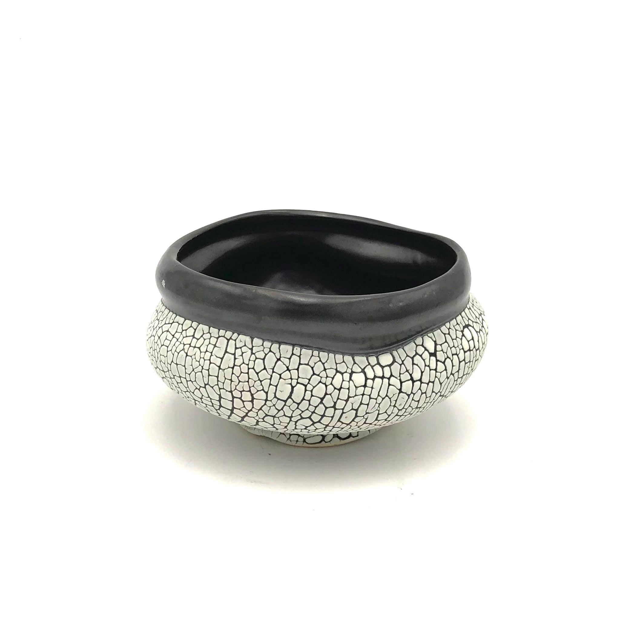 Danny Meisinger - Freeform Tea Bowl without Handle (Black & White Crawl Glaze)