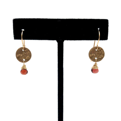 Angel Mercer - Earrings - Bronze Button with Gemstone (Garnet)