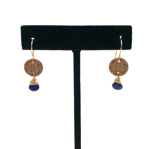 Angel Mercer - Earrings - Bronze Button with Gemstone (Lapis Lazuli Drop)