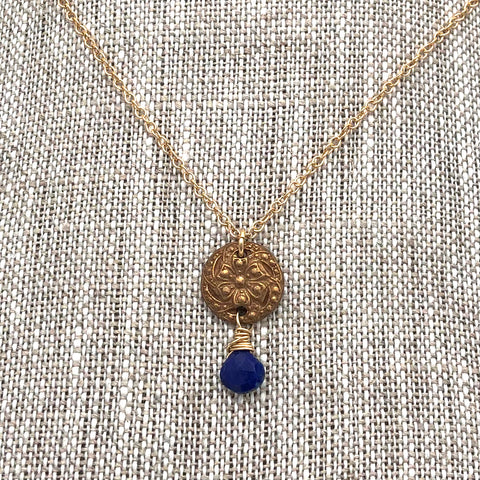 Angel Mercer - Necklace - Delicate Gold Chain (Vintage Button Pendant with Lapis Lazuli Gemstone)