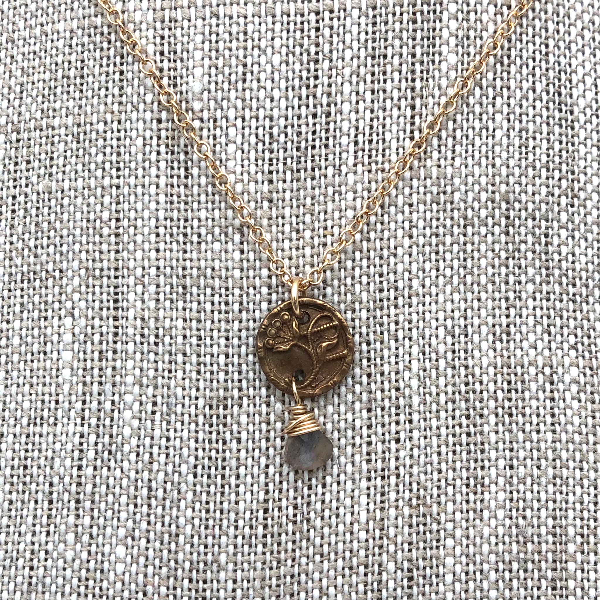 Angel Mercer - Necklace - Delicate Gold Chain (Vintage Button Pendant with Moonstone Gemstone)