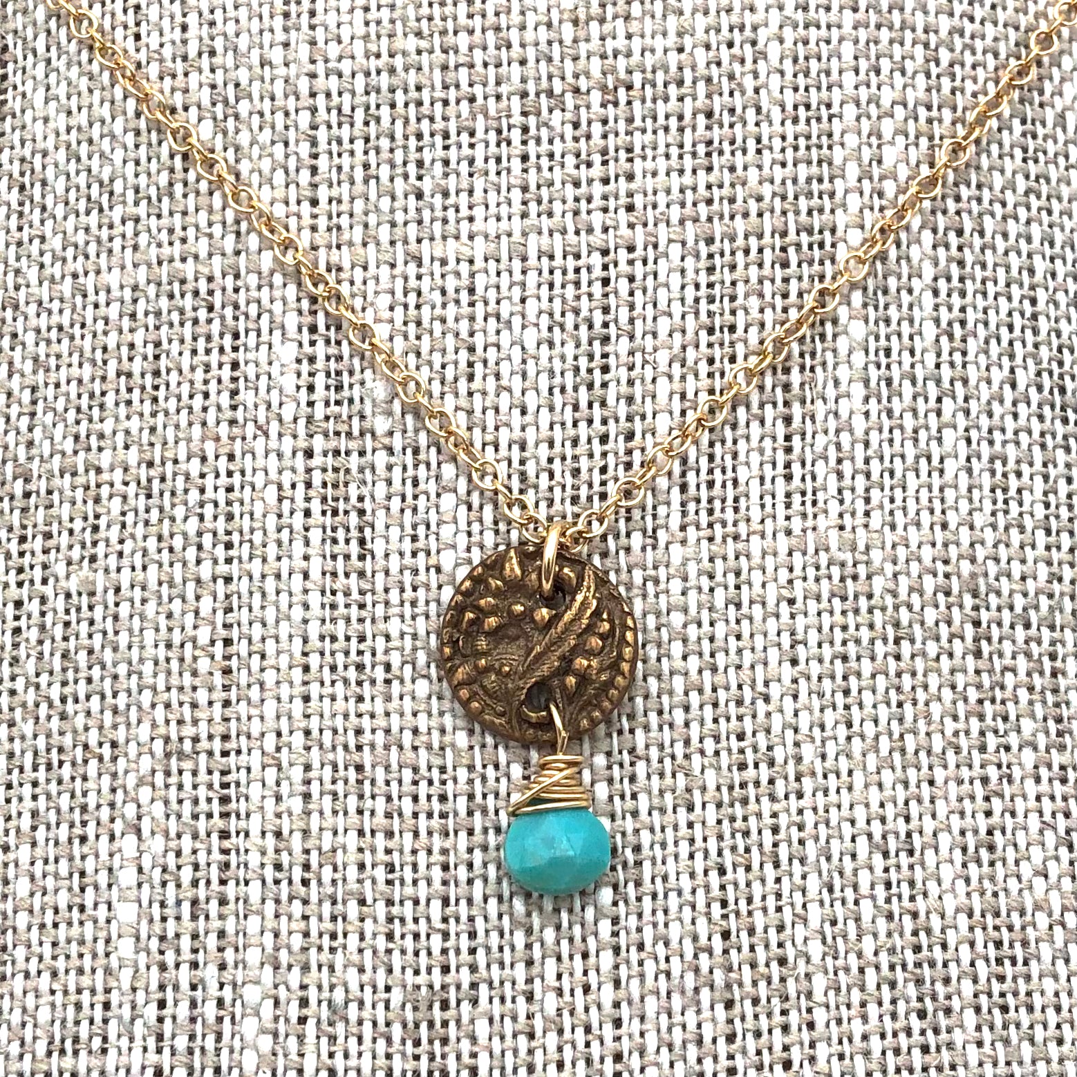 Angel Mercer - Necklace - Delicate Gold Chain (Vintage Button Pendant with Turquoise Gemstone)