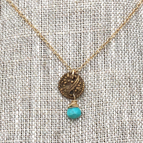 Angel Mercer - Necklace - Delicate Gold Chain (Vintage Button Pendant with Turquoise Gemstone)